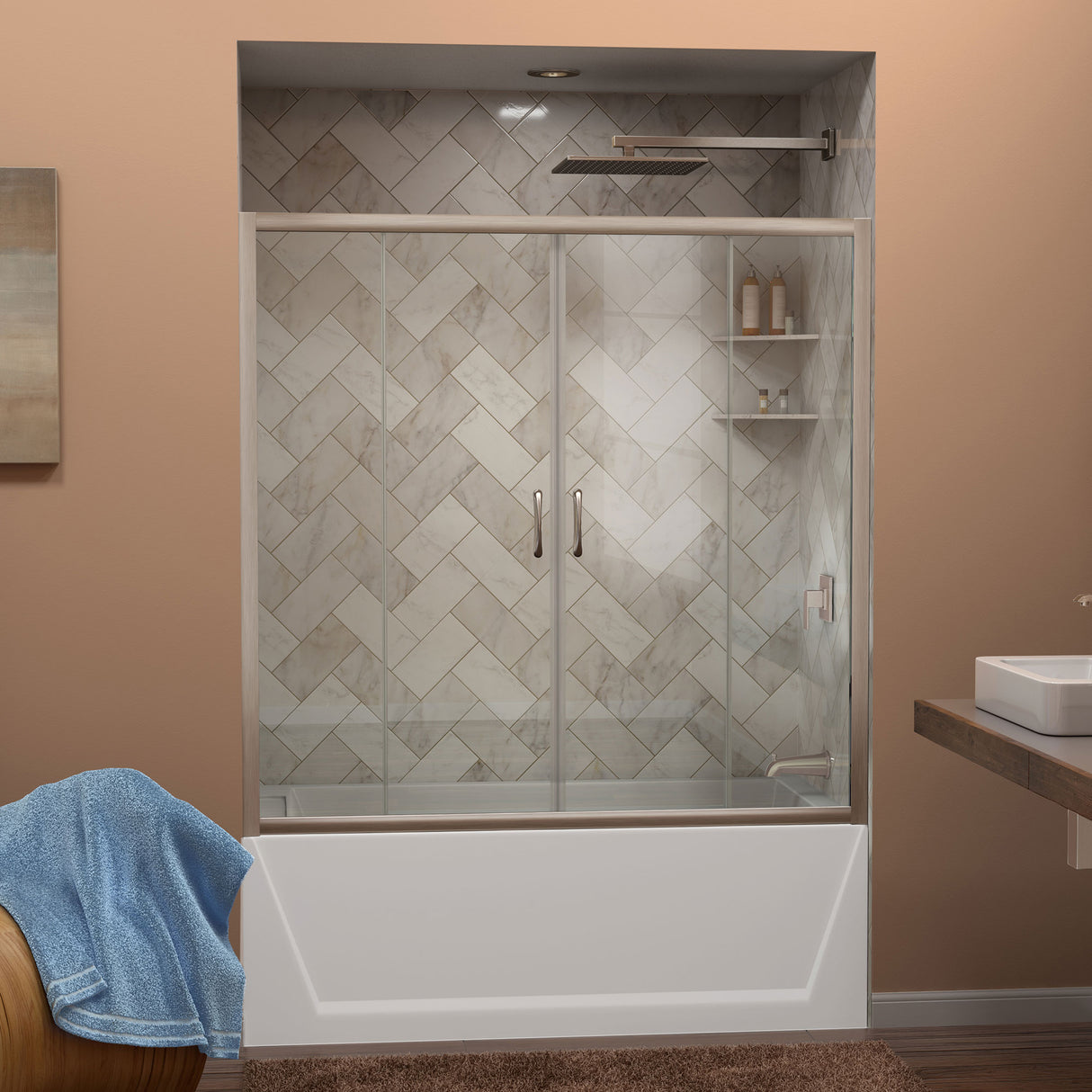 DreamLine Visions 56-60 in. W x 58 in. H Semi-Frameless Sliding Tub Door in Brushed Nickel