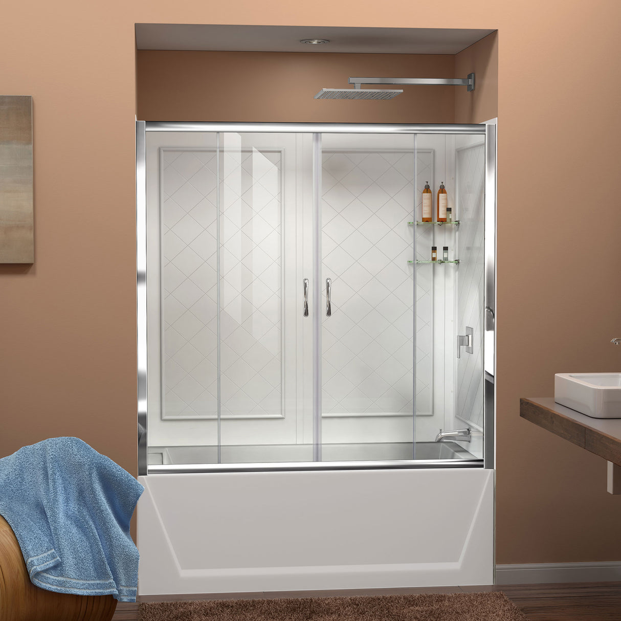DreamLine Visions 56-60 in. W x 60 in. H Semi-Frameless Sliding Tub Door in Chrome with White Acrylic Wall Kit