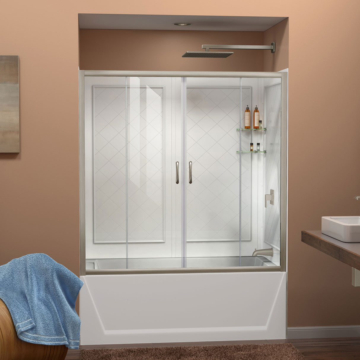 DreamLine Visions 56-60 in. W x 60 in. H Semi-Frameless Sliding Tub Door in Brushed Nickel with White Acrylic Wall Kit