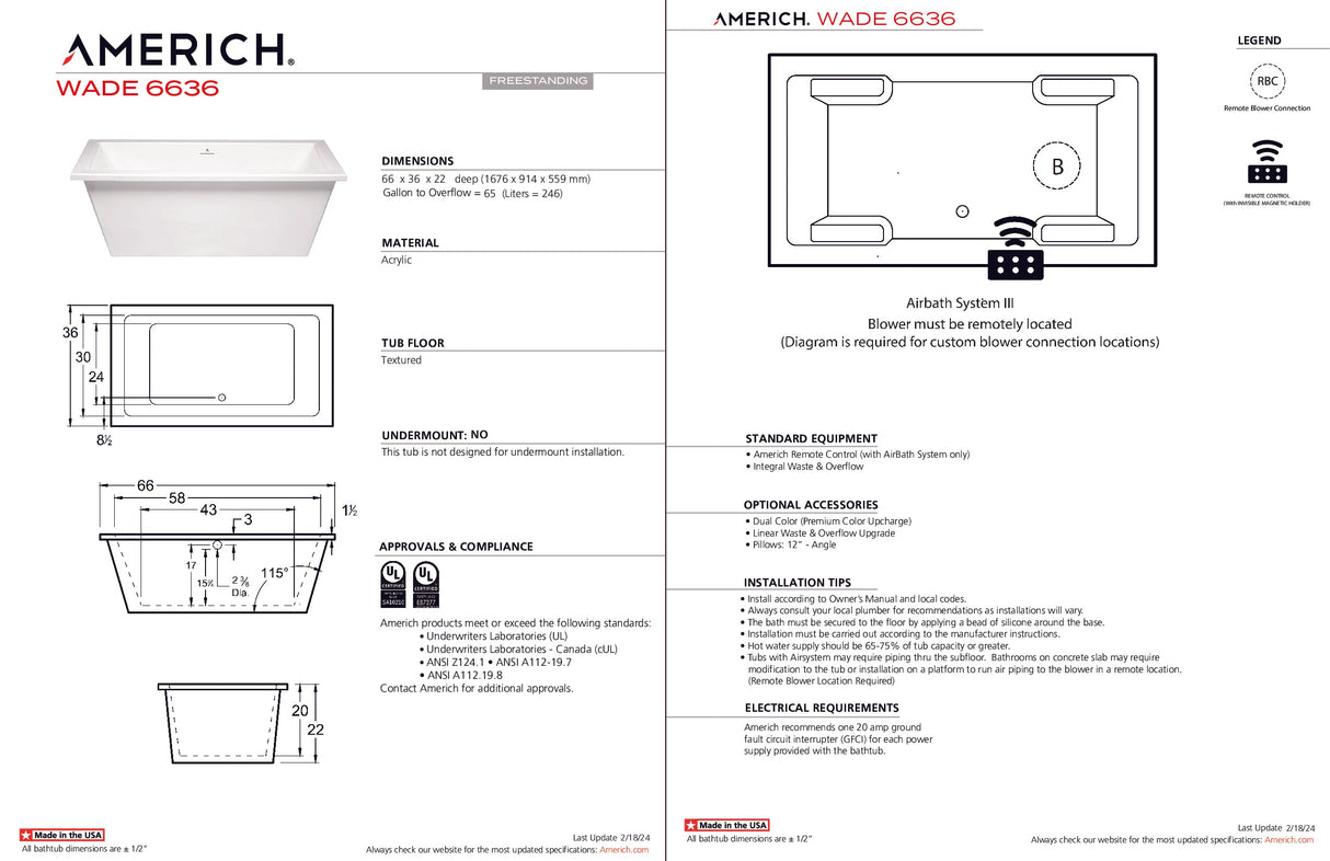 Americh WA6636T-WH Wade 6636 - Tub Only - White