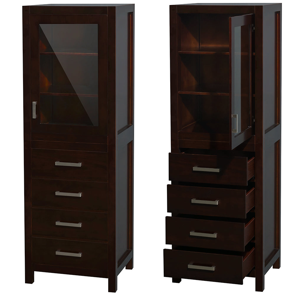 Sheffield 24 Inch Linen Tower in Espresso with Shelved Cabinet Storage and 4 Drawers
