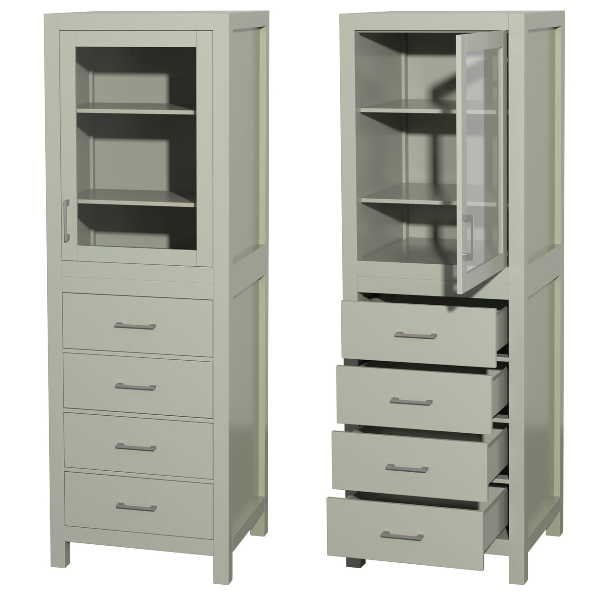 Sheffield 24 Inch Linen Tower in Light Green with Shelved Cabinet Storage and 4 Drawers