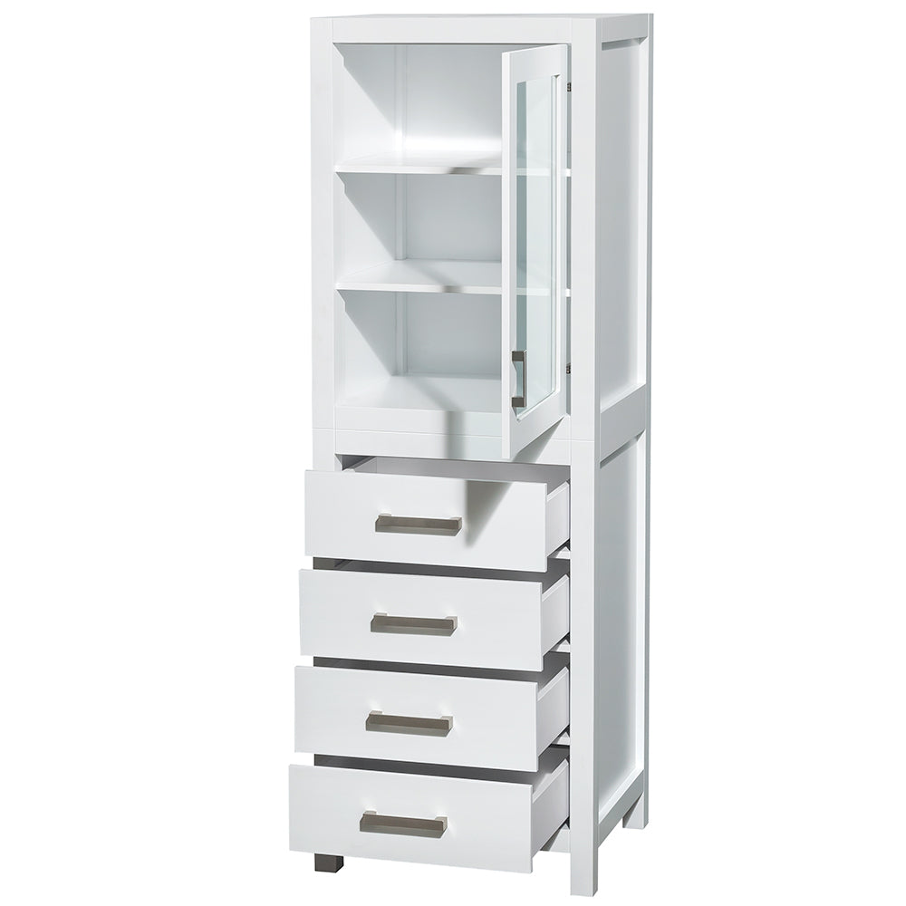 Sheffield 24 Inch Linen Tower in White with Shelved Cabinet Storage and 4 Drawers
