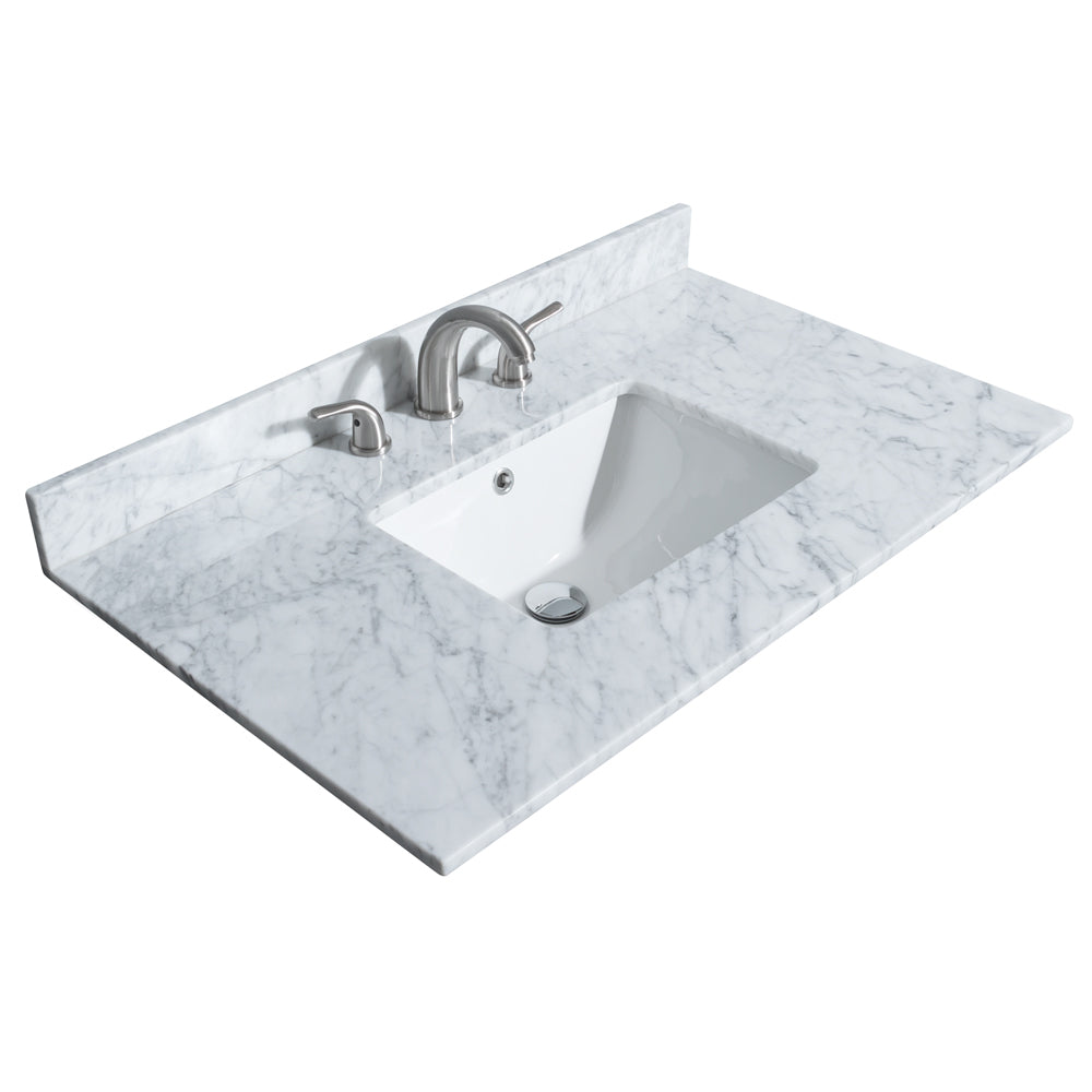 Deborah 36 Inch Single Bathroom Vanity in White White Carrara Marble Countertop Undermount Square Sink Brushed Gold Trim 24 Inch Mirror