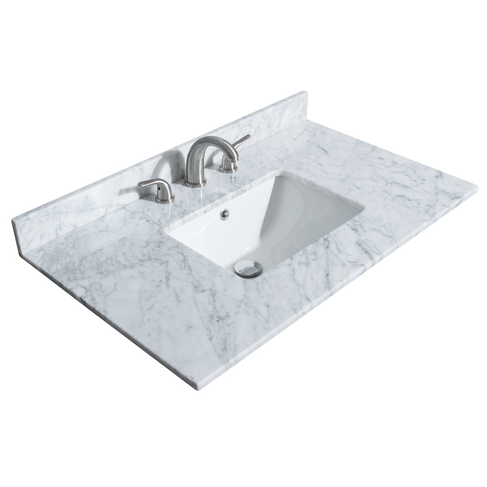 Deborah 36 Inch Single Bathroom Vanity in White White Carrara Marble Countertop Undermount Square Sink Matte Black Trim 24 Inch Mirror