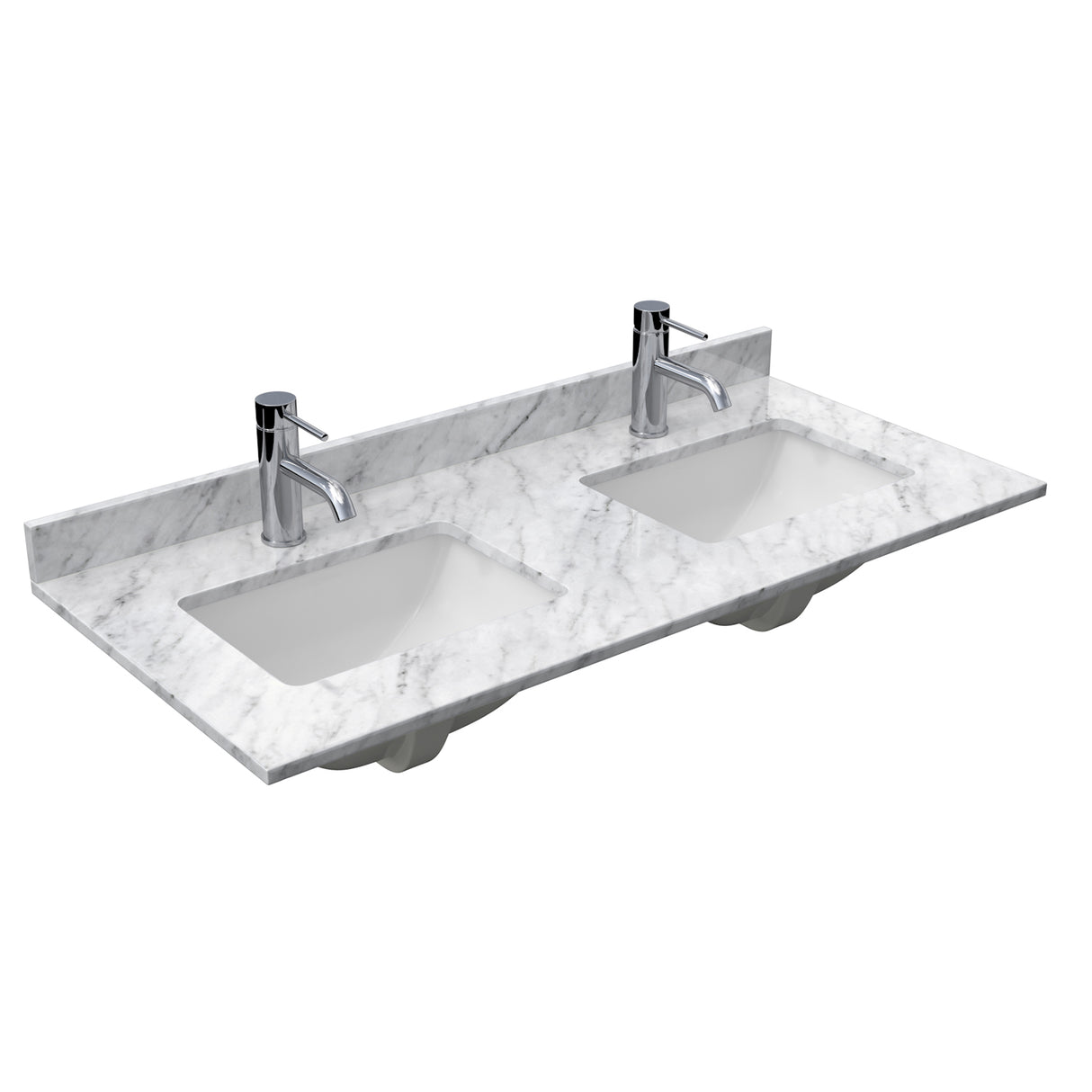 Avery 48 Inch Double Bathroom Vanity in Dark Blue White Carrara Marble Countertop Undermount Square Sinks Matte Black Trim 46 Inch Mirror