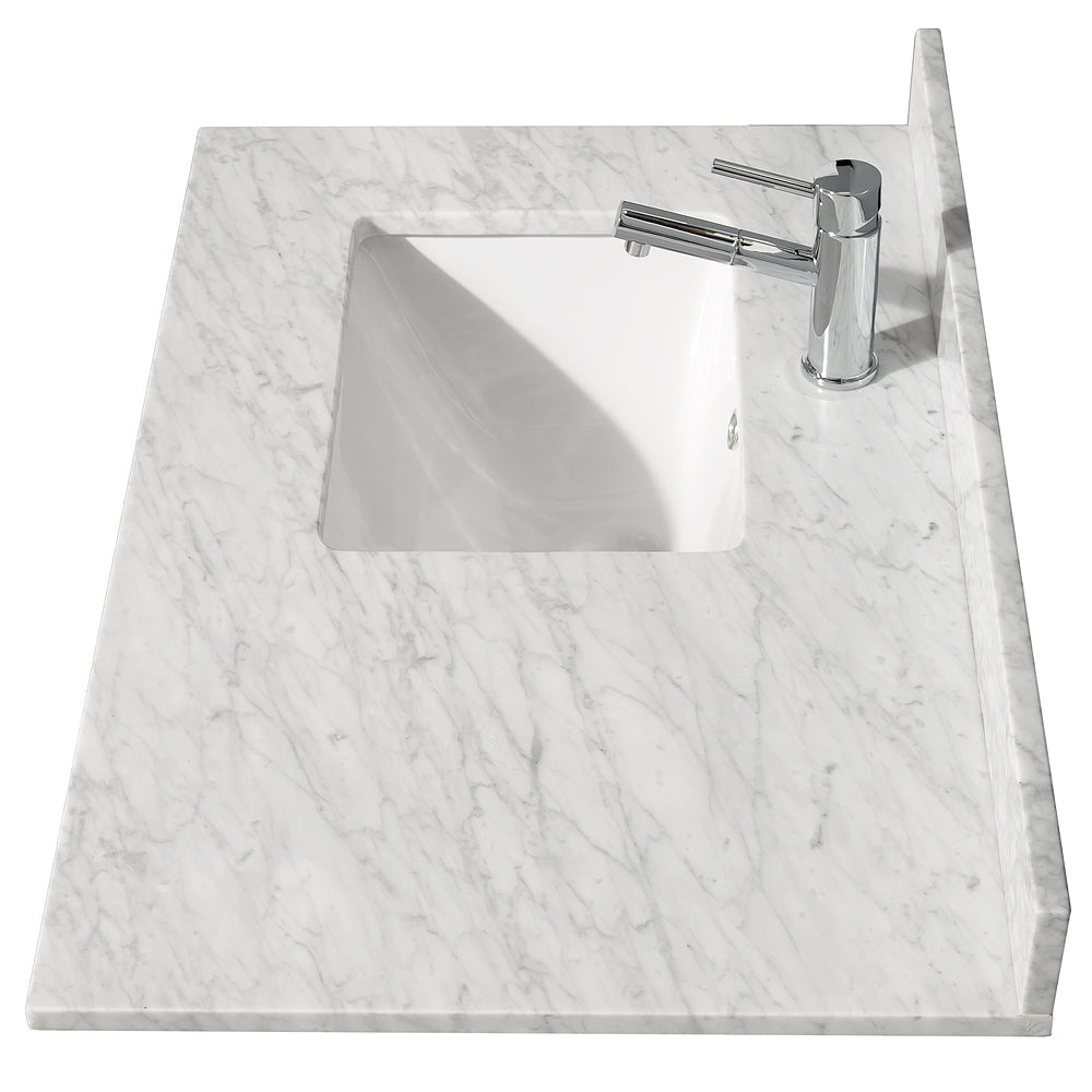 Daria 36 Inch Single Bathroom Vanity in Dark Blue White Carrara Marble Countertop Undermount Square Sink 24 Inch Mirror