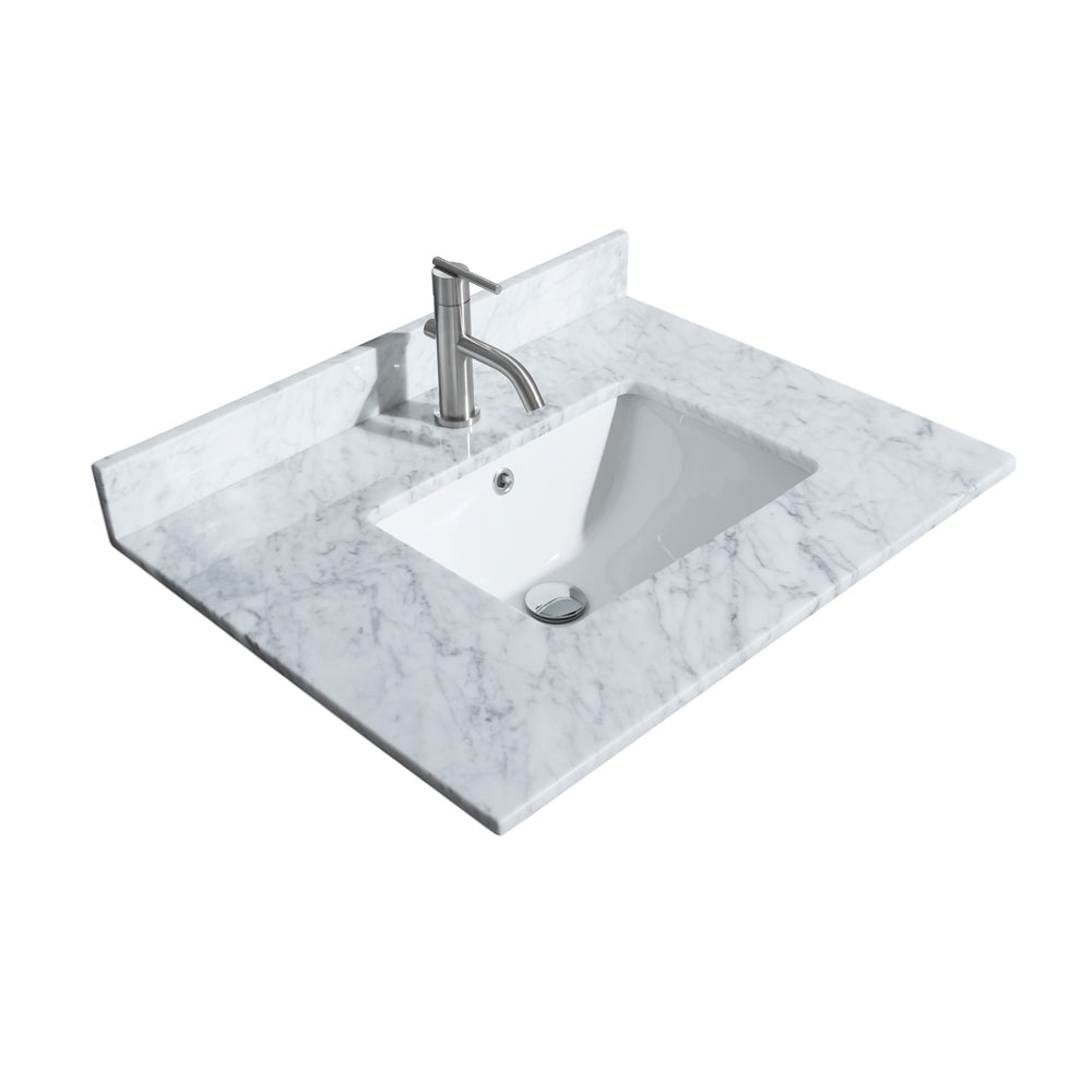 Miranda 30 Inch Single Bathroom Vanity in Dark Gray White Carrara Marble Countertop Undermount Square Sink Brushed Gold Trim 24 Inch Mirror
