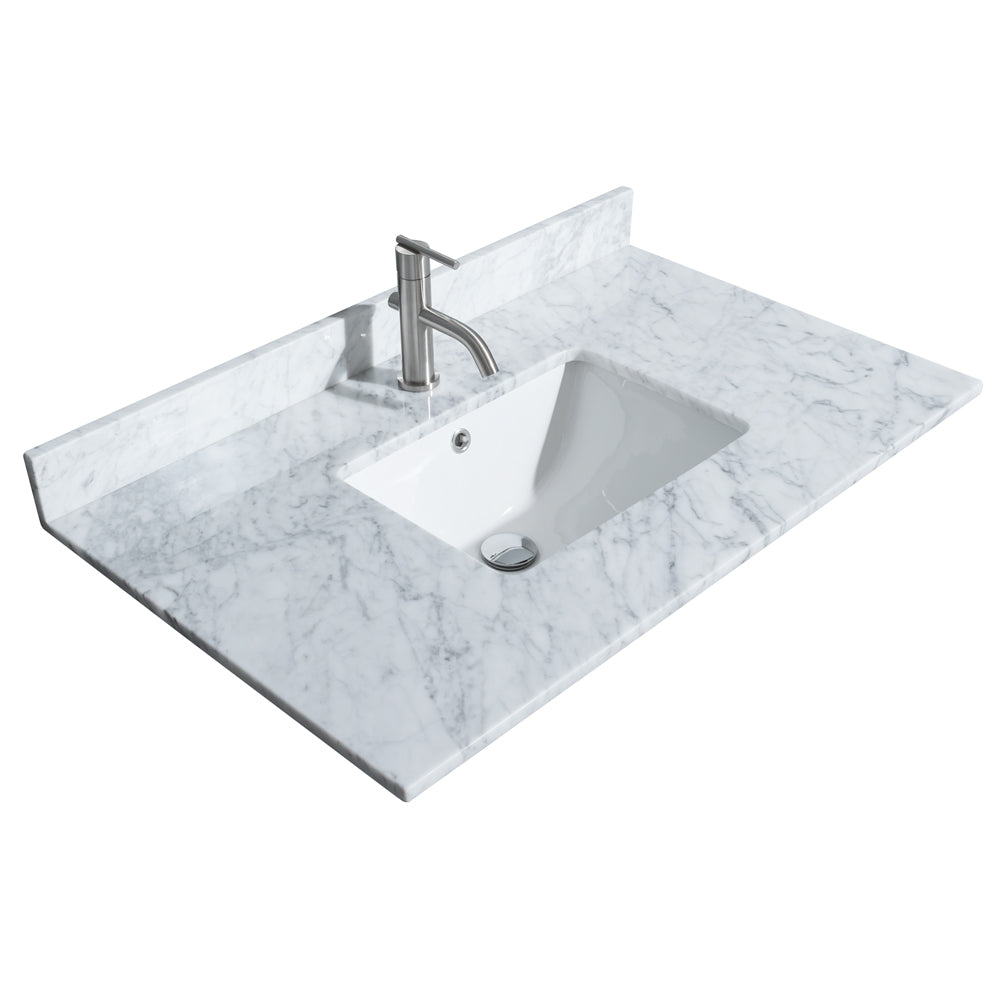 Miranda 36 Inch Single Bathroom Vanity in Green White Carrara Marble Countertop Undermount Square Sink Matte Black Trim 34 Inch Mirror
