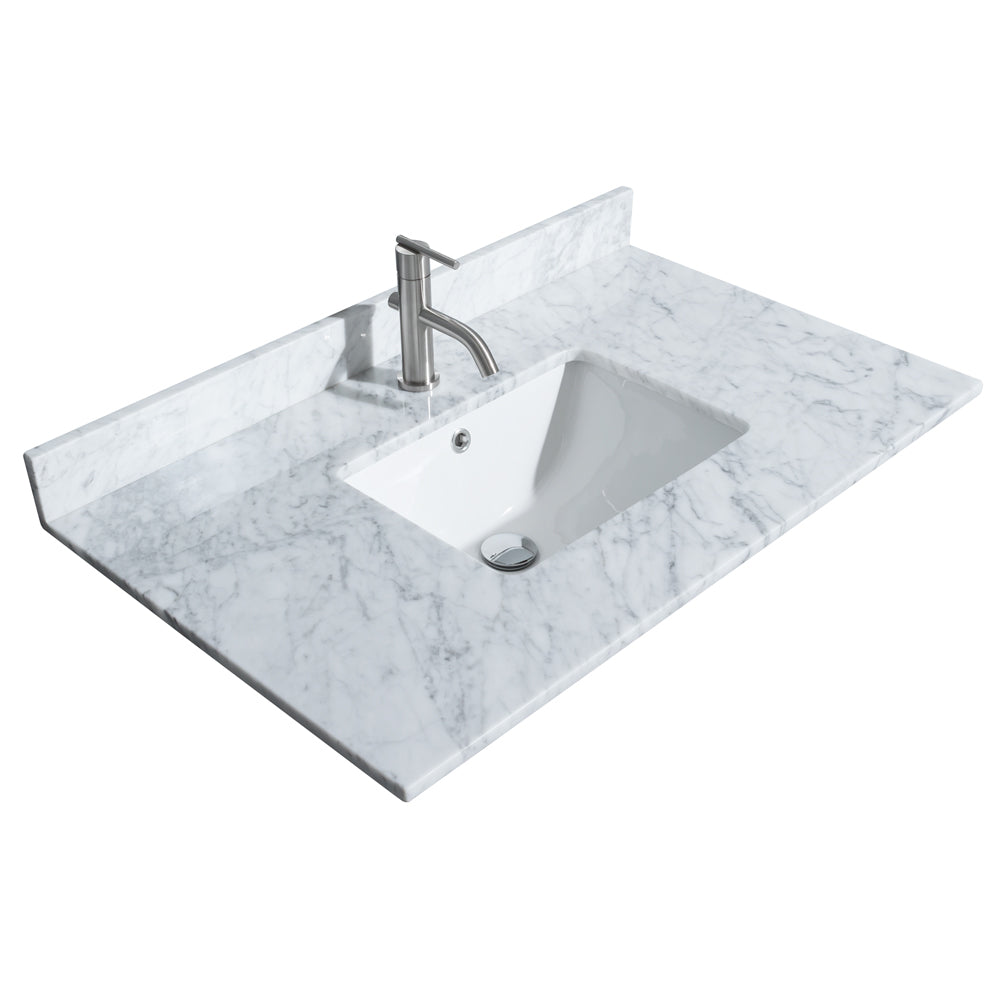 Strada 36 Inch Single Bathroom Vanity in Light Green White Carrara Marble Countertop Undermount Square Sink Matte Black Trim 34 Inch Mirror