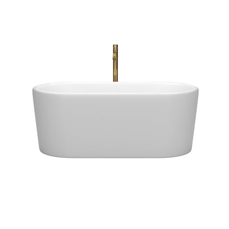 Ursula 59 Inch Freestanding Bathtub in Matte White with Shiny White Trim and Floor Mounted Faucet in Brushed Gold
