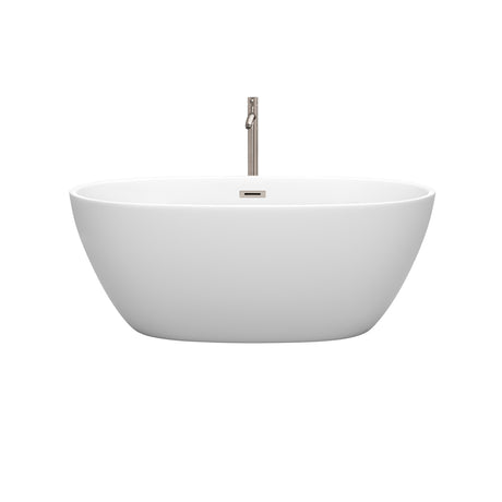 Juno 59 Inch Freestanding Bathtub in Matte White with Floor Mounted Faucet Drain and Overflow Trim in Brushed Nickel