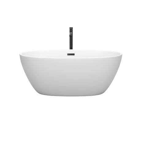 Juno 59 Inch Freestanding Bathtub in Matte White with Floor Mounted Faucet Drain and Overflow Trim in Matte Black