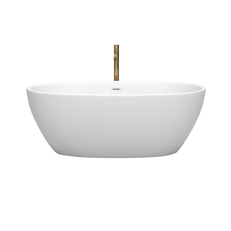 Juno 63 Inch Freestanding Bathtub in Matte White with Shiny White Trim and Floor Mounted Faucet in Brushed Gold