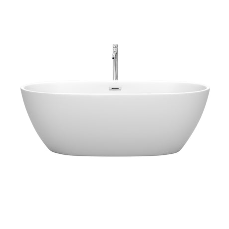 Juno 67 Inch Freestanding Bathtub in Matte White with Floor Mounted Faucet Drain and Overflow Trim in Polished Chrome