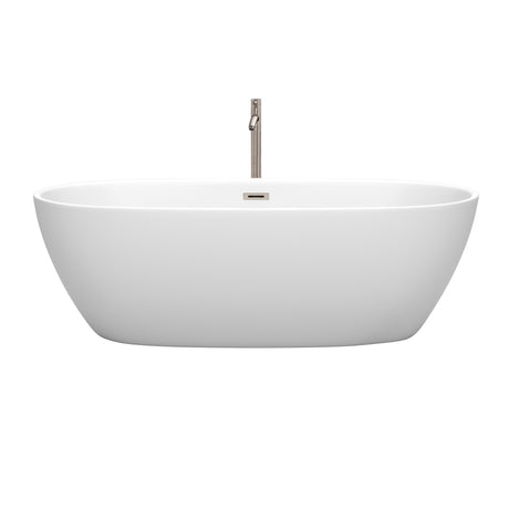 Juno 71 Inch Freestanding Bathtub in Matte White with Floor Mounted Faucet Drain and Overflow Trim in Brushed Nickel