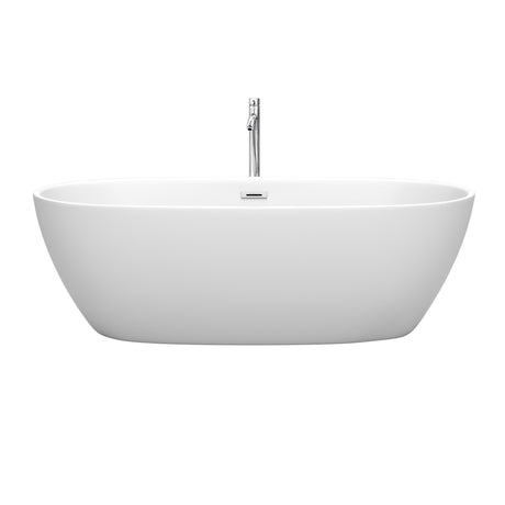Juno 71 Inch Freestanding Bathtub in Matte White with Floor Mounted Faucet Drain and Overflow Trim in Polished Chrome