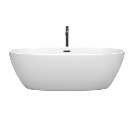 Juno 71 Inch Freestanding Bathtub in Matte White with Floor Mounted Faucet Drain and Overflow Trim in Matte Black