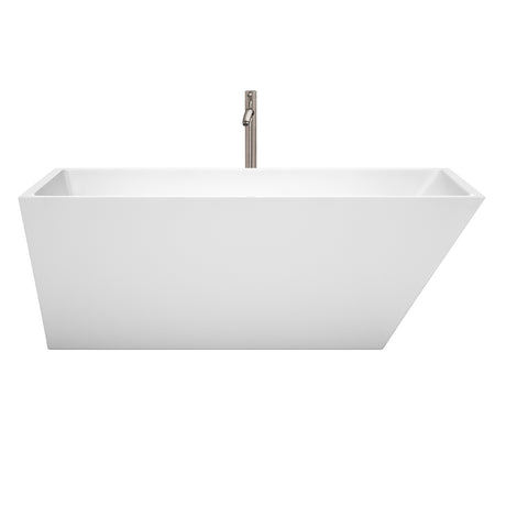 Hannah 67 Inch Freestanding Bathtub in White with Floor Mounted Faucet Drain and Overflow Trim in Brushed Nickel