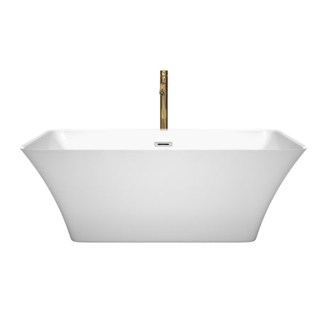 Tiffany 59 Inch Freestanding Bathtub in White with Polished Chrome Trim and Floor Mounted Faucet in Brushed Gold