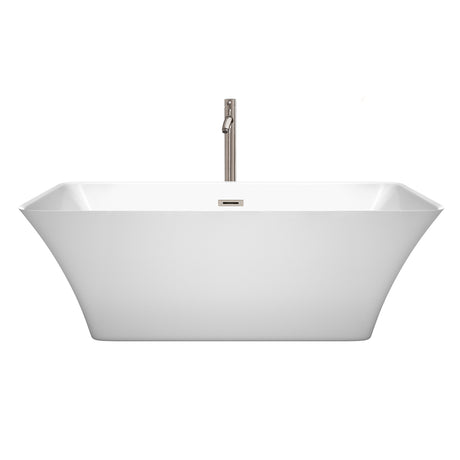 Tiffany 67 Inch Freestanding Bathtub in White with Floor Mounted Faucet Drain and Overflow Trim in Brushed Nickel