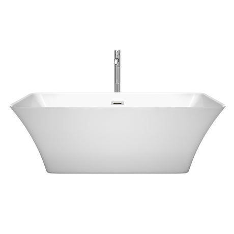 Tiffany 67 Inch Freestanding Bathtub in White with Floor Mounted Faucet Drain and Overflow Trim in Polished Chrome