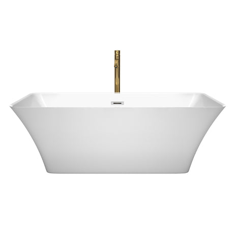 Tiffany 67 Inch Freestanding Bathtub in White with Polished Chrome Trim and Floor Mounted Faucet in Brushed Gold
