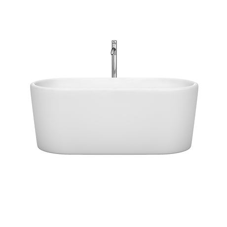 Ursula 59 Inch Freestanding Bathtub in White with Floor Mounted Faucet Drain and Overflow Trim in Polished Chrome