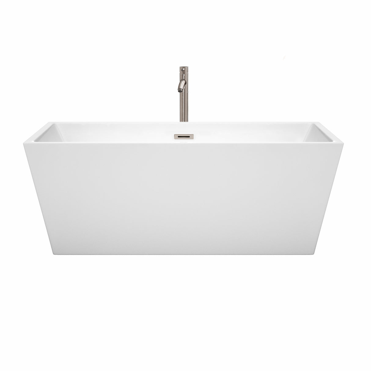 Sara 63 Inch Freestanding Bathtub in White with Floor Mounted Faucet Drain and Overflow Trim in Brushed Nickel