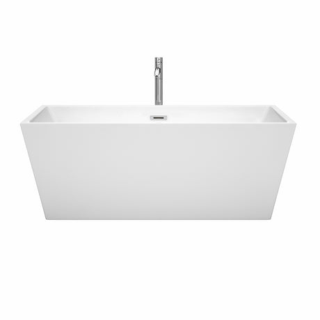 Sara 63 Inch Freestanding Bathtub in White with Floor Mounted Faucet Drain and Overflow Trim in Polished Chrome