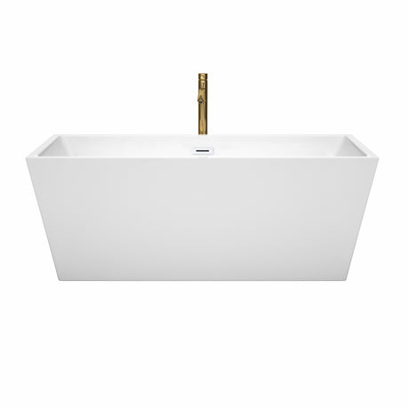 Sara 63 Inch Freestanding Bathtub in White with Shiny White Trim and Floor Mounted Faucet in Brushed Gold