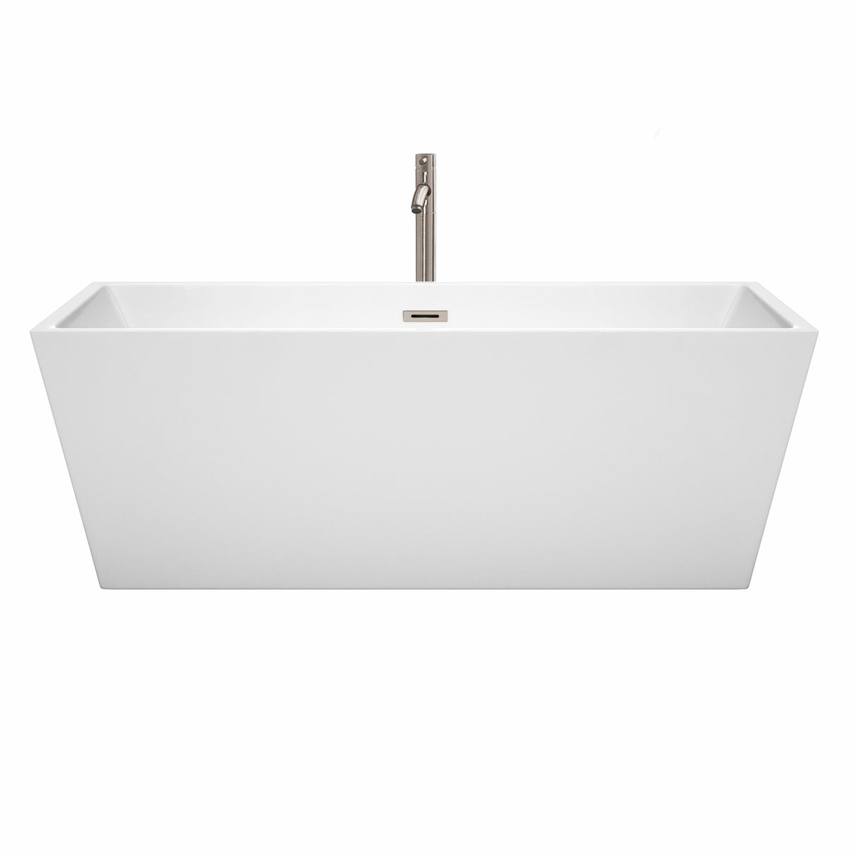 Sara 67 Inch Freestanding Bathtub in White with Floor Mounted Faucet Drain and Overflow Trim in Brushed Nickel
