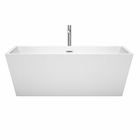 Sara 67 Inch Freestanding Bathtub in White with Floor Mounted Faucet Drain and Overflow Trim in Polished Chrome