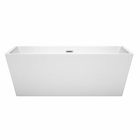 Sara 67 Inch Freestanding Bathtub in White with Brushed Nickel Drain and Overflow Trim
