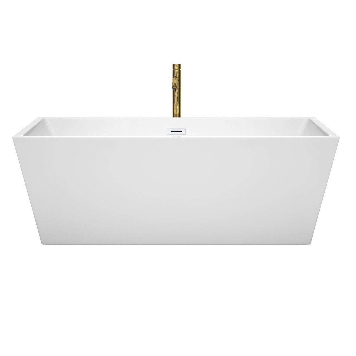 Sara 67 Inch Freestanding Bathtub in White with Shiny White Trim and Floor Mounted Faucet in Brushed Gold