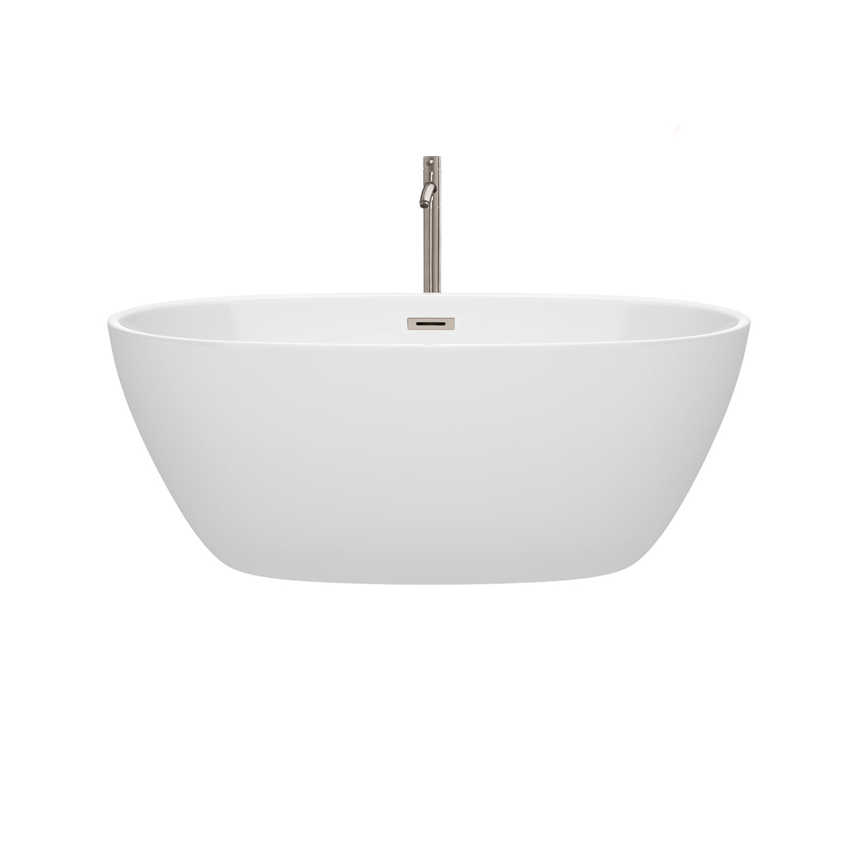 Juno 59 Inch Freestanding Bathtub in White with Floor Mounted Faucet Drain and Overflow Trim in Brushed Nickel