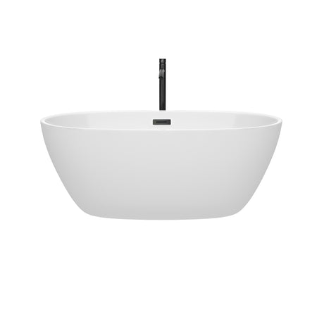 Juno 59 Inch Freestanding Bathtub in White with Floor Mounted Faucet Drain and Overflow Trim in Matte Black