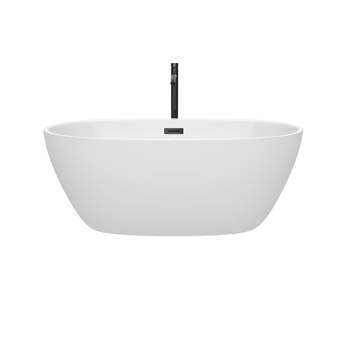 Juno 59 Inch Freestanding Bathtub in White with Floor Mounted Faucet Drain and Overflow Trim in Matte Black