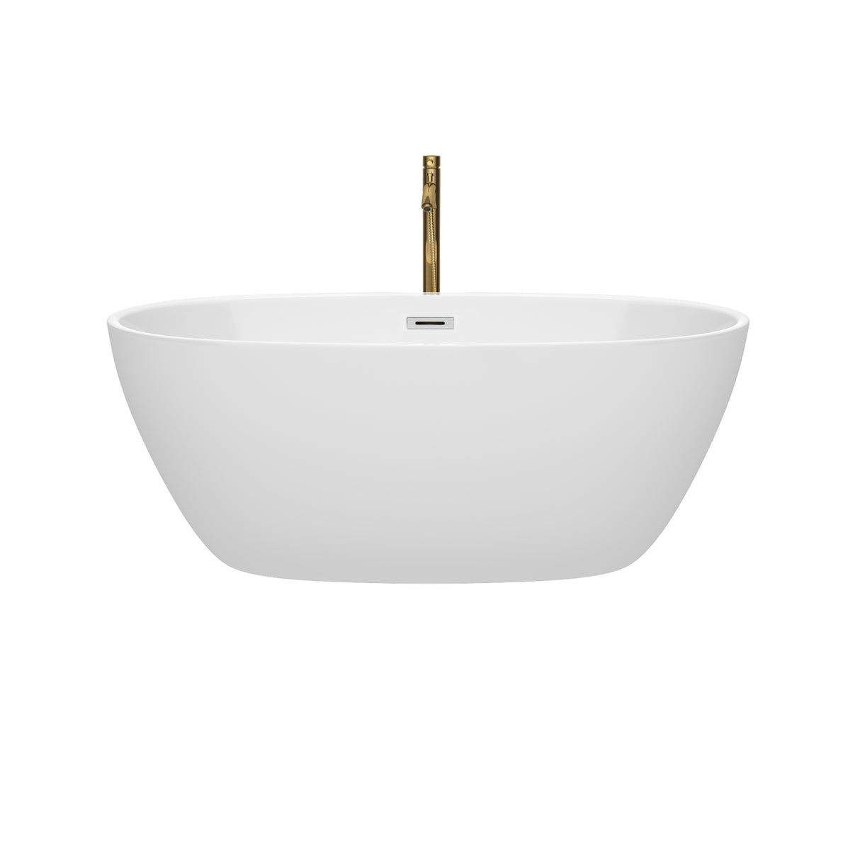Juno 59 Inch Freestanding Bathtub in White with Polished Chrome Trim and Floor Mounted Faucet in Brushed Gold