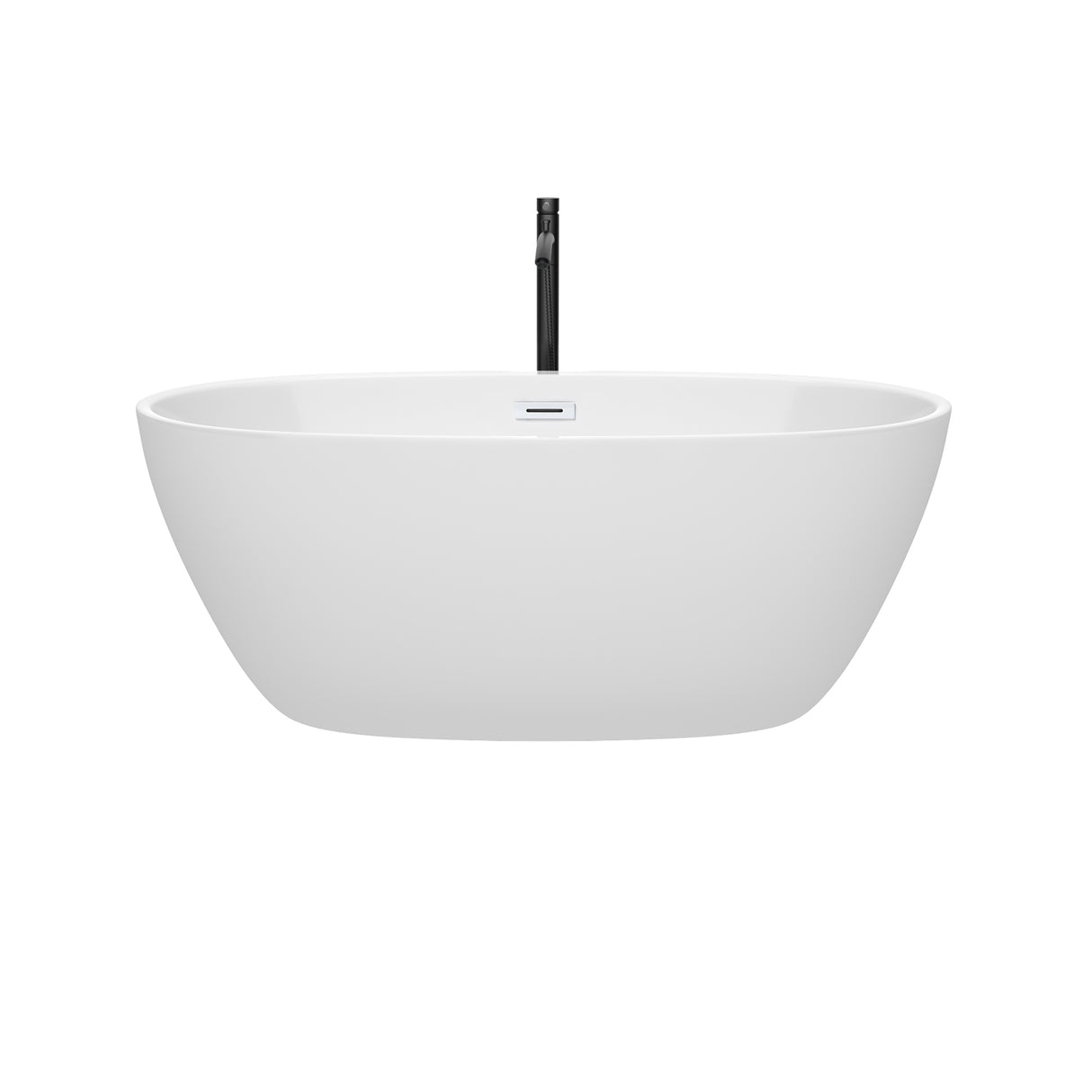 Juno 59 Inch Freestanding Bathtub in White with Shiny White Trim and Floor Mounted Faucet in Matte Black