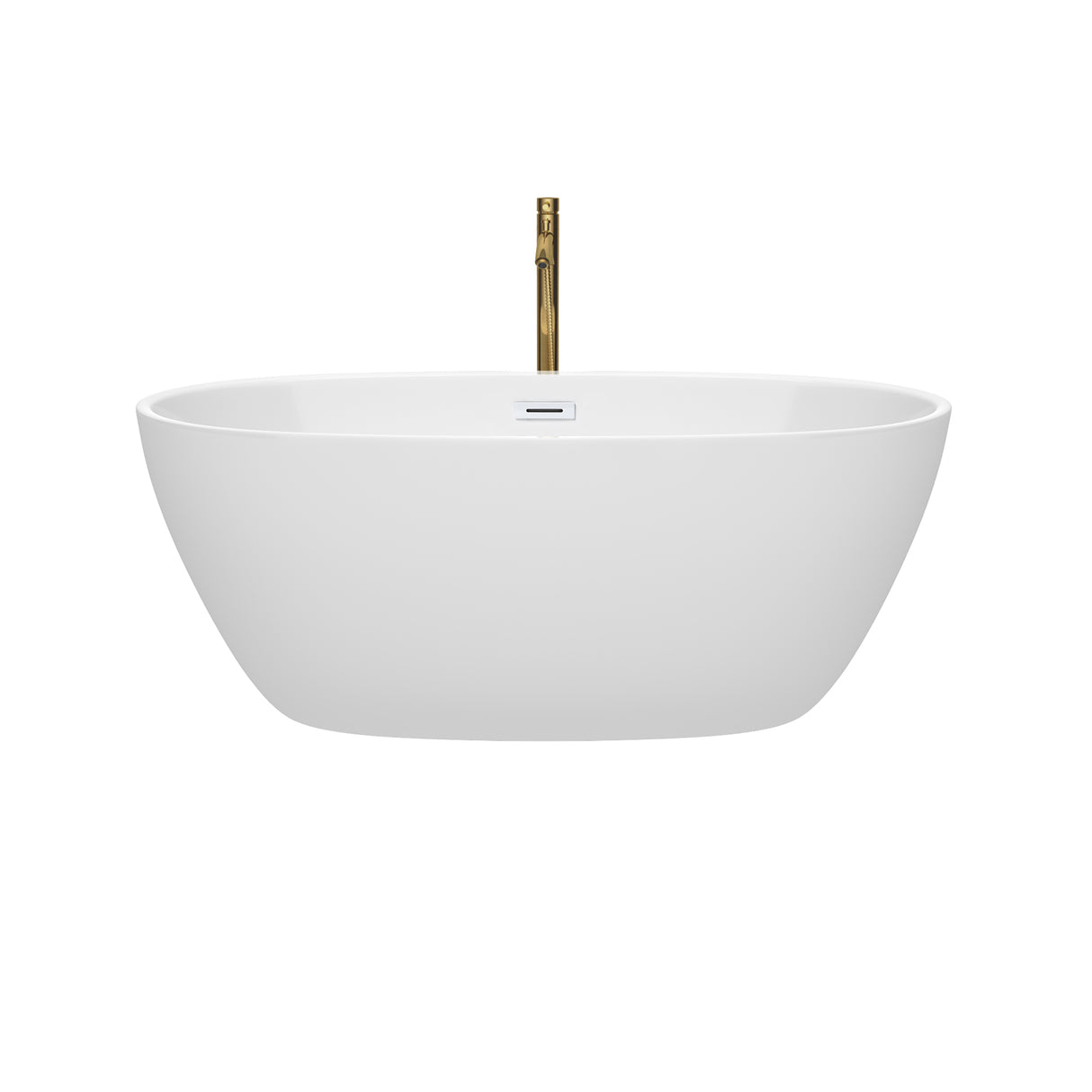Juno 59 Inch Freestanding Bathtub in White with Shiny White Trim and Floor Mounted Faucet in Brushed Gold