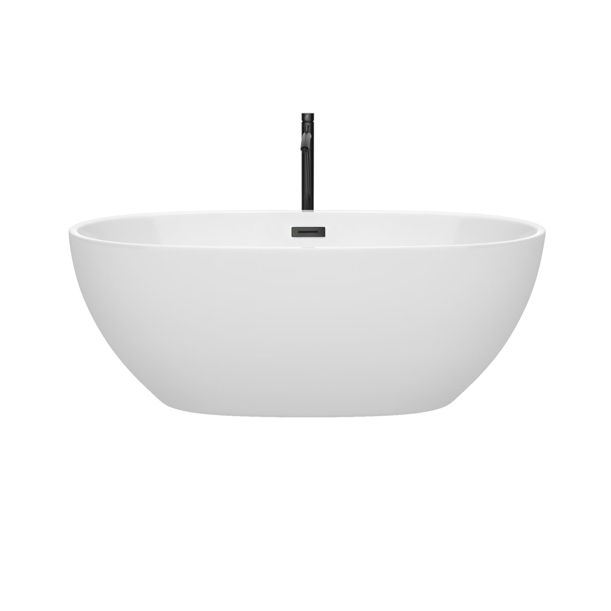 Juno 63 Inch Freestanding Bathtub in White with Floor Mounted Faucet Drain and Overflow Trim in Matte Black