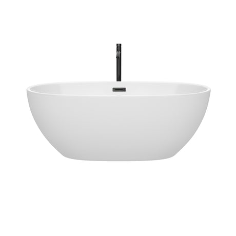 Juno 63 Inch Freestanding Bathtub in White with Floor Mounted Faucet Drain and Overflow Trim in Matte Black