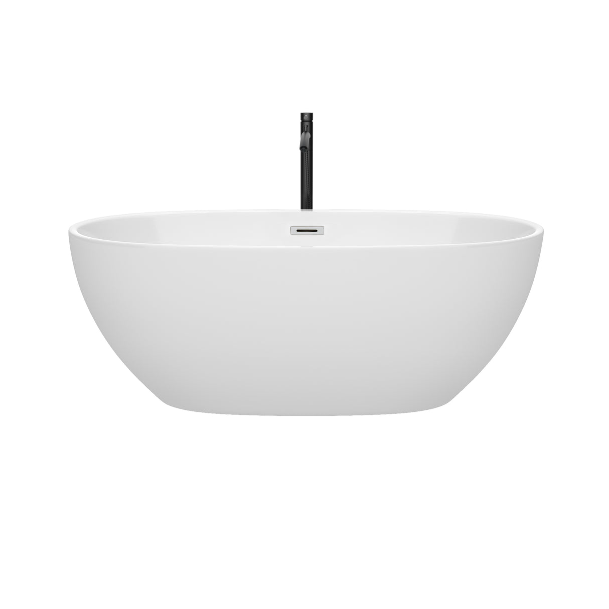 Juno 63 Inch Freestanding Bathtub in White with Polished Chrome Trim and Floor Mounted Faucet in Matte Black