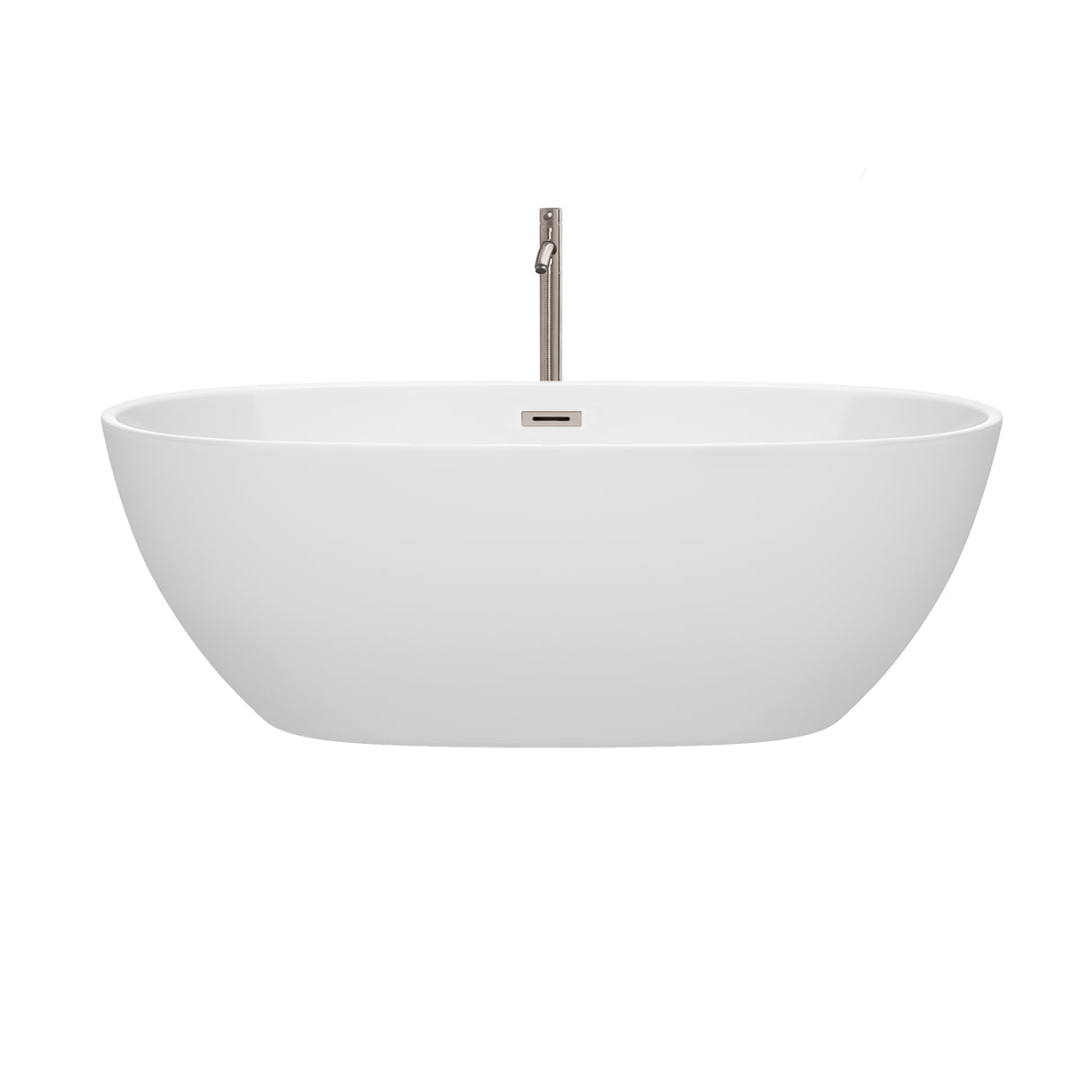 Juno 67 Inch Freestanding Bathtub in White with Floor Mounted Faucet Drain and Overflow Trim in Brushed Nickel