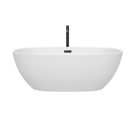 Juno 67 Inch Freestanding Bathtub in White with Floor Mounted Faucet Drain and Overflow Trim in Matte Black