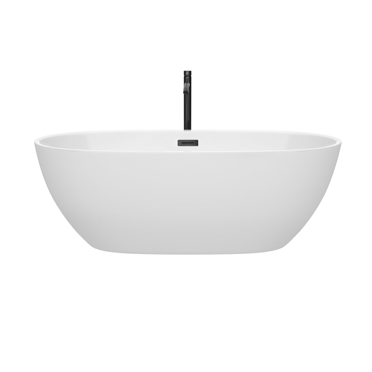 Juno 67 Inch Freestanding Bathtub in White with Floor Mounted Faucet Drain and Overflow Trim in Matte Black