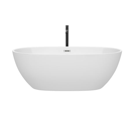 Juno 67 Inch Freestanding Bathtub in White with Polished Chrome Trim and Floor Mounted Faucet in Matte Black