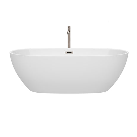 Juno 71 Inch Freestanding Bathtub in White with Floor Mounted Faucet Drain and Overflow Trim in Brushed Nickel