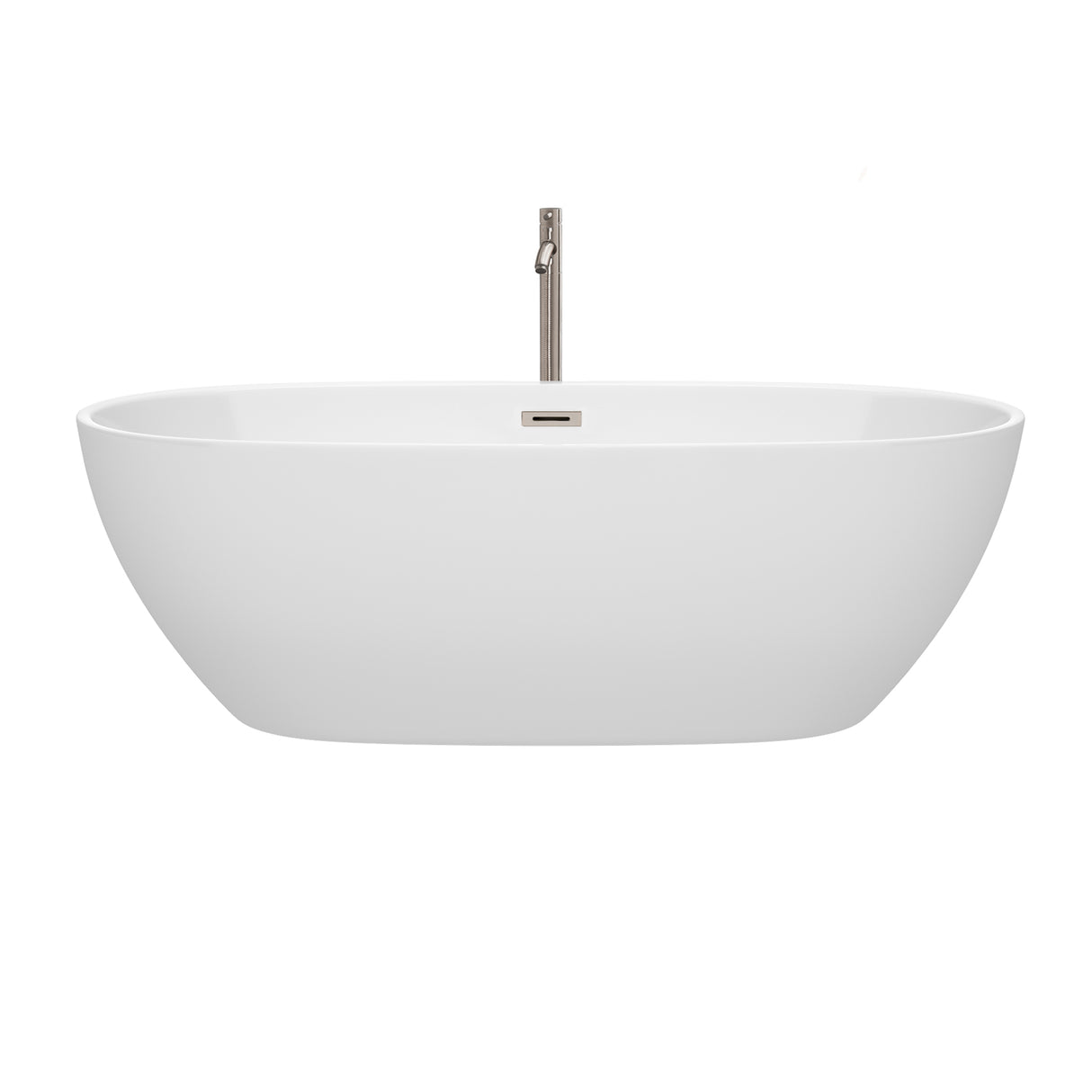 Juno 71 Inch Freestanding Bathtub in White with Floor Mounted Faucet Drain and Overflow Trim in Brushed Nickel